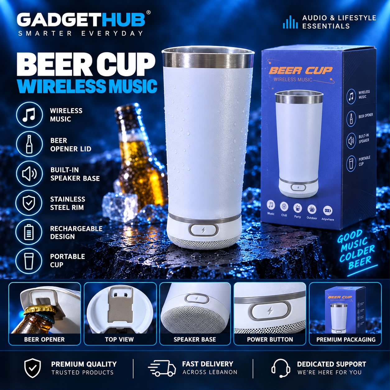 Wireless Music Beer Cup – 3-in-1 Insulated Tumbler, Bluetooth Speaker & Bottle Opener