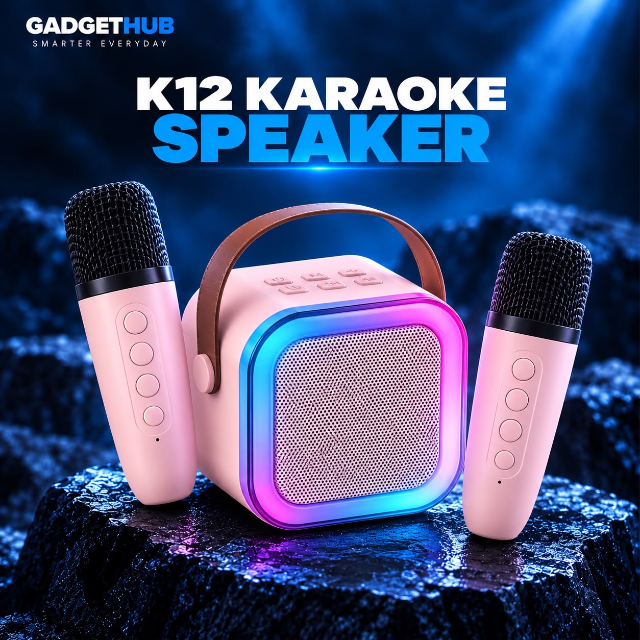 K12 Portable Bluetooth Karaoke Speaker with 2 Wireless Microphones & RGB Lights – Pink