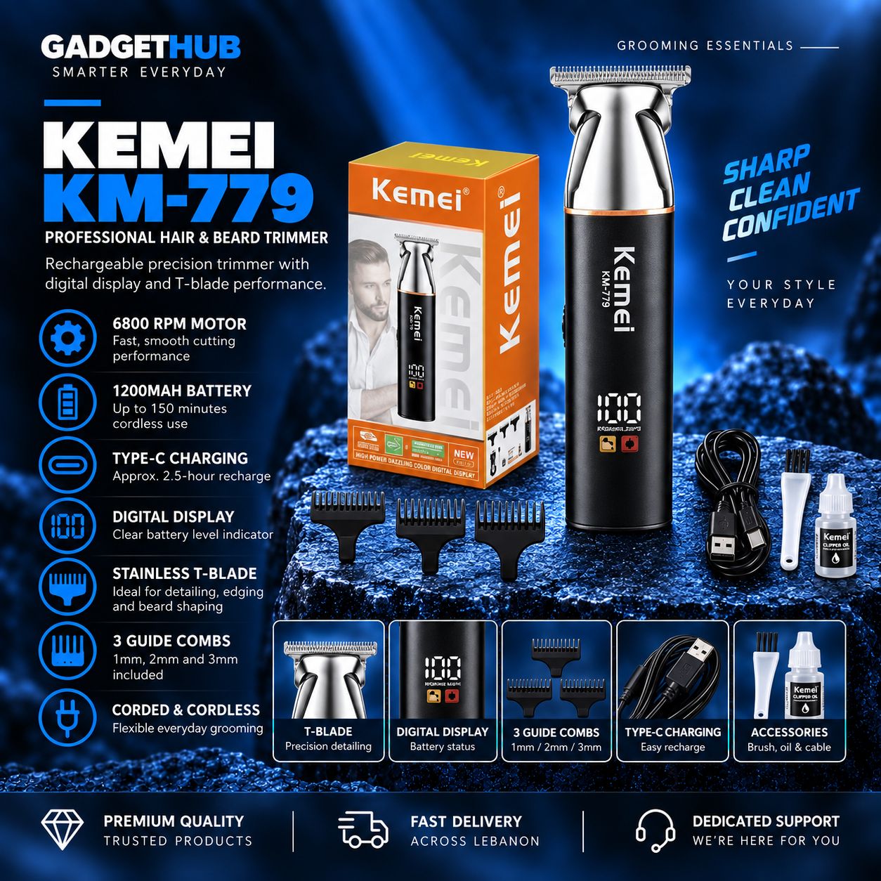ماكينة تشذيب الشعر واللحية Kemei KM-779 احترافية قابلة للشحن – شاشة رقمية