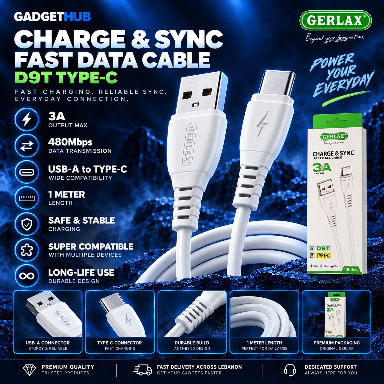 GERLAX D9T USB-A to Type-C Fast Charging & Data Cable – 3A, 1M
