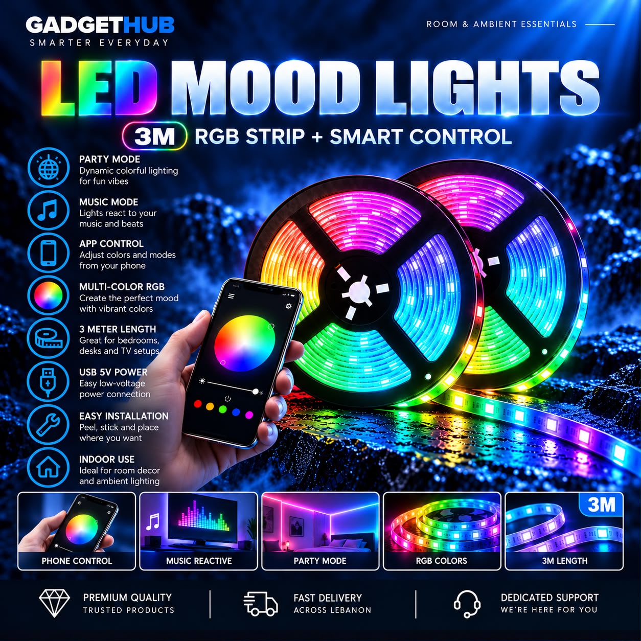3M Smart RGB LED Mood Light Strip – App Control, Music Sync & USB Power