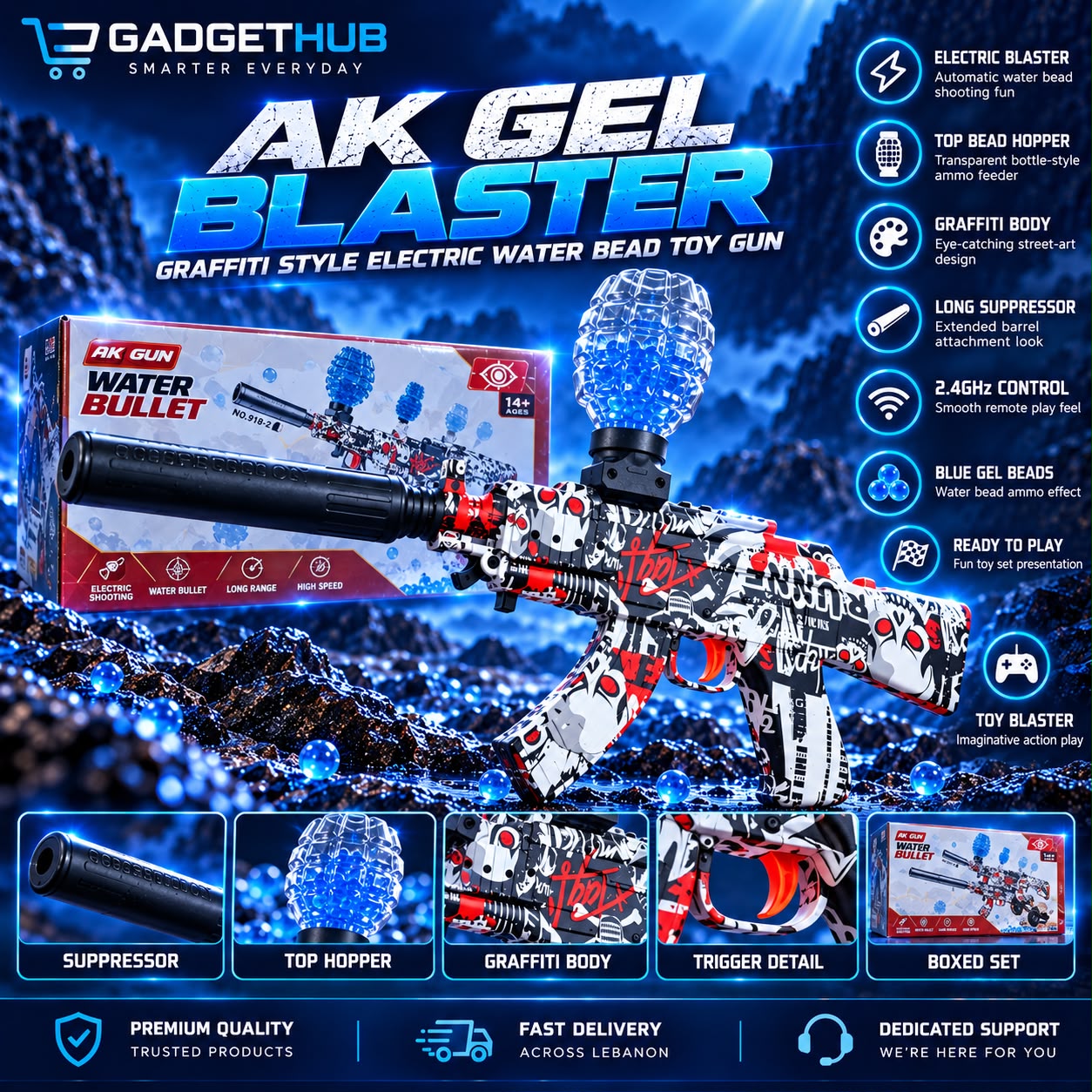 918-2 AK Gel Blaster Graffiti Electric Water Bead Toy Gun – Hopper Feed & Suppressor