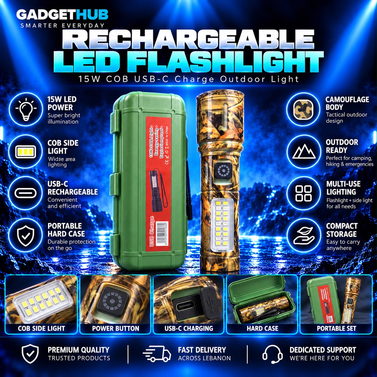 USB Rechargeable Camouflage Flashlight with Side COB Panel – Green Case