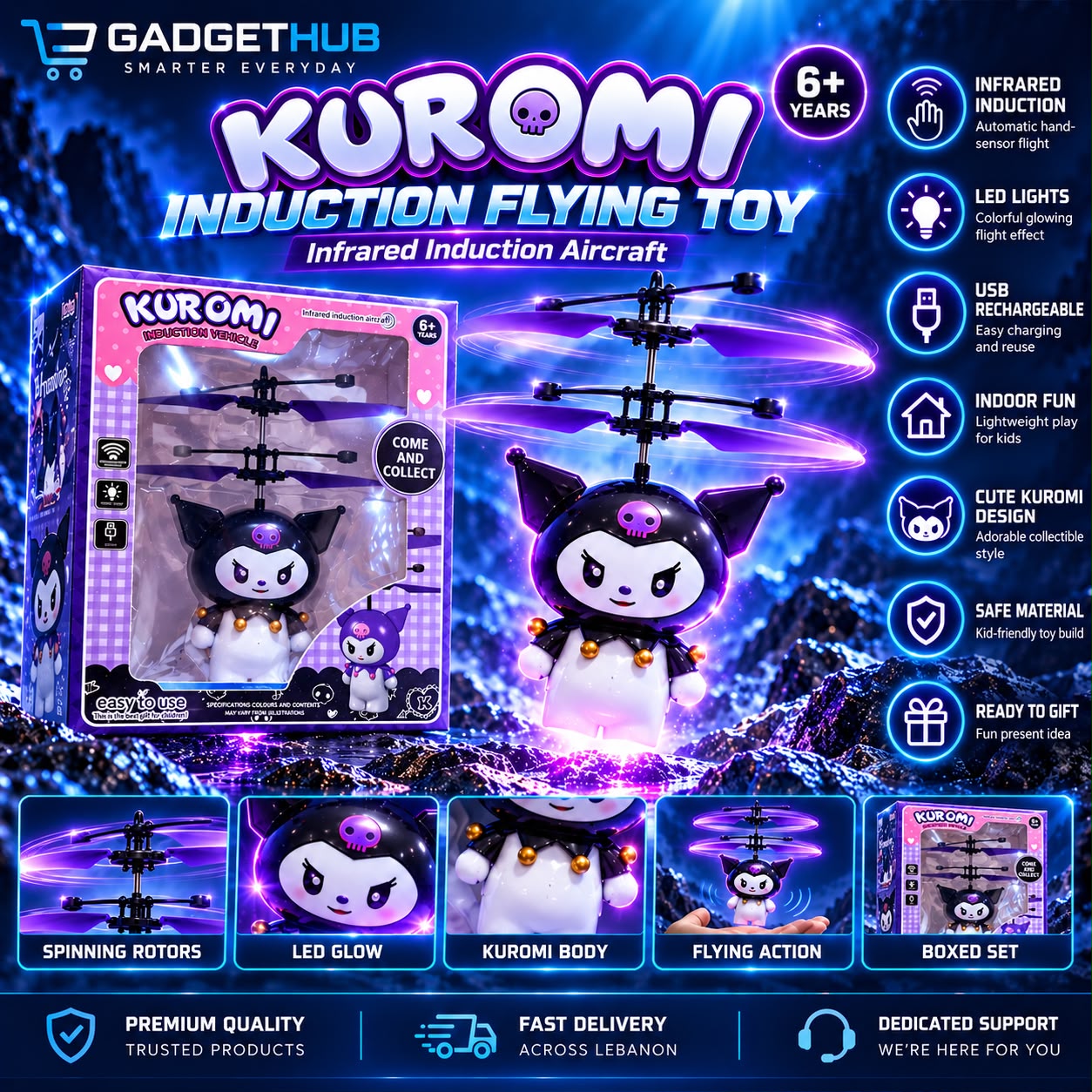 Kuromi Infrared Induction Flying Toy – USB Rechargeable Hand-Sensor Aircraft with LED Lights