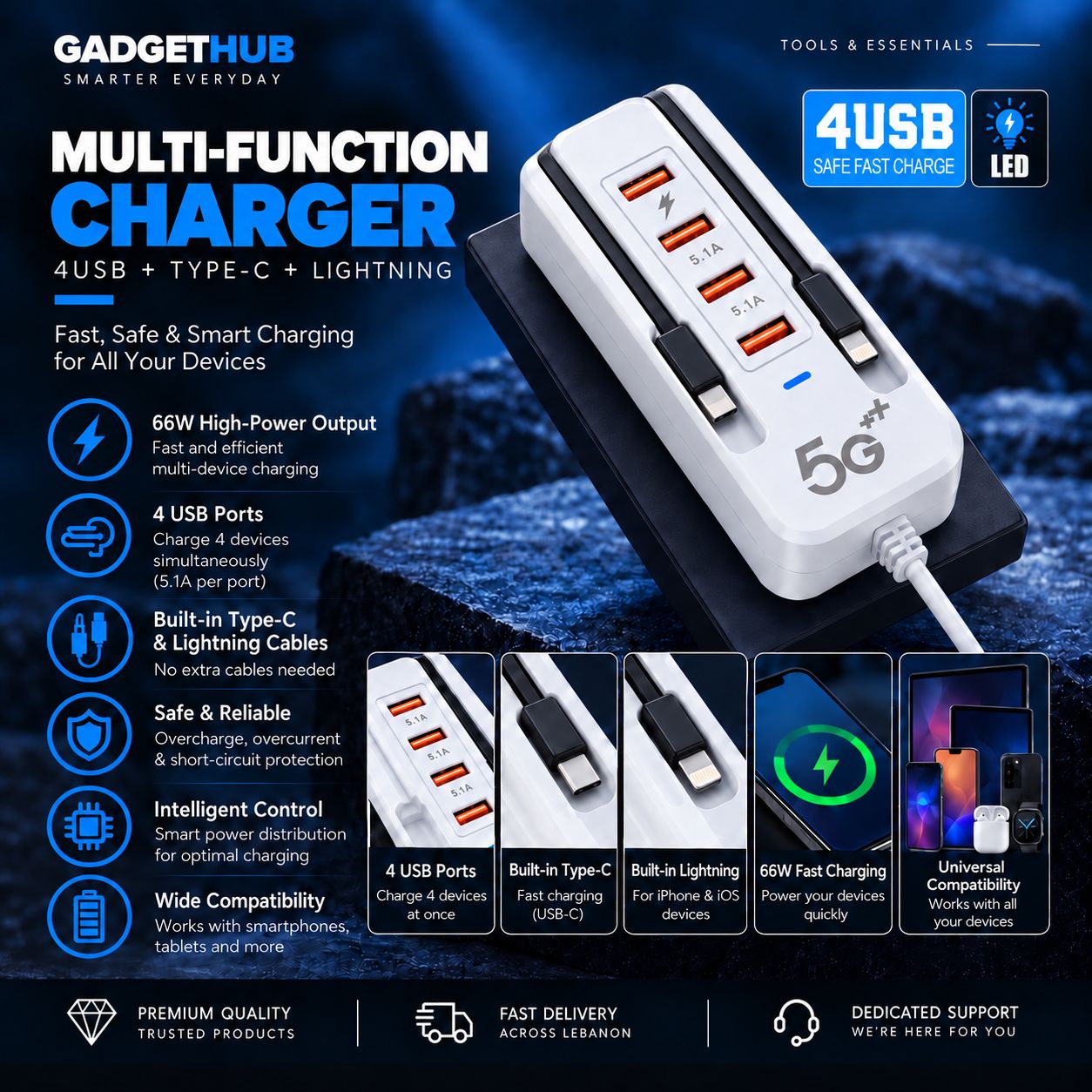 66W Multi-Function 6-in-1 Fast Charger – 4 USB Ports + Built-In Type-C & Lightning Cables