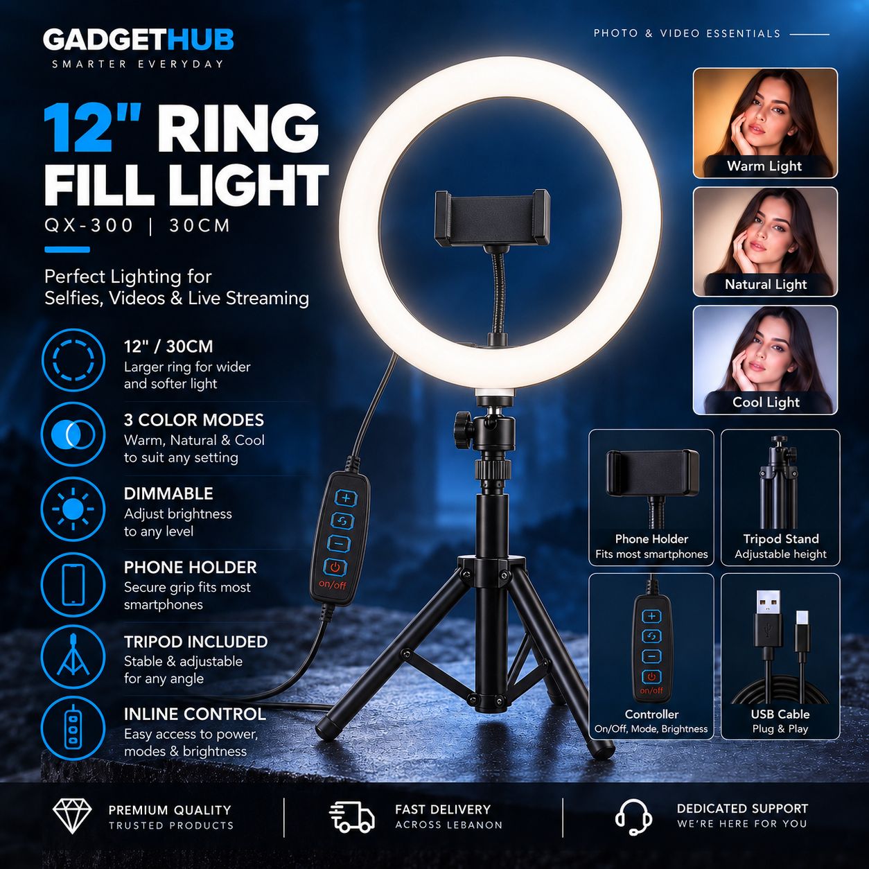 12″ LED Ring Fill Light with Long Adjustable Tripod & Phone Holder