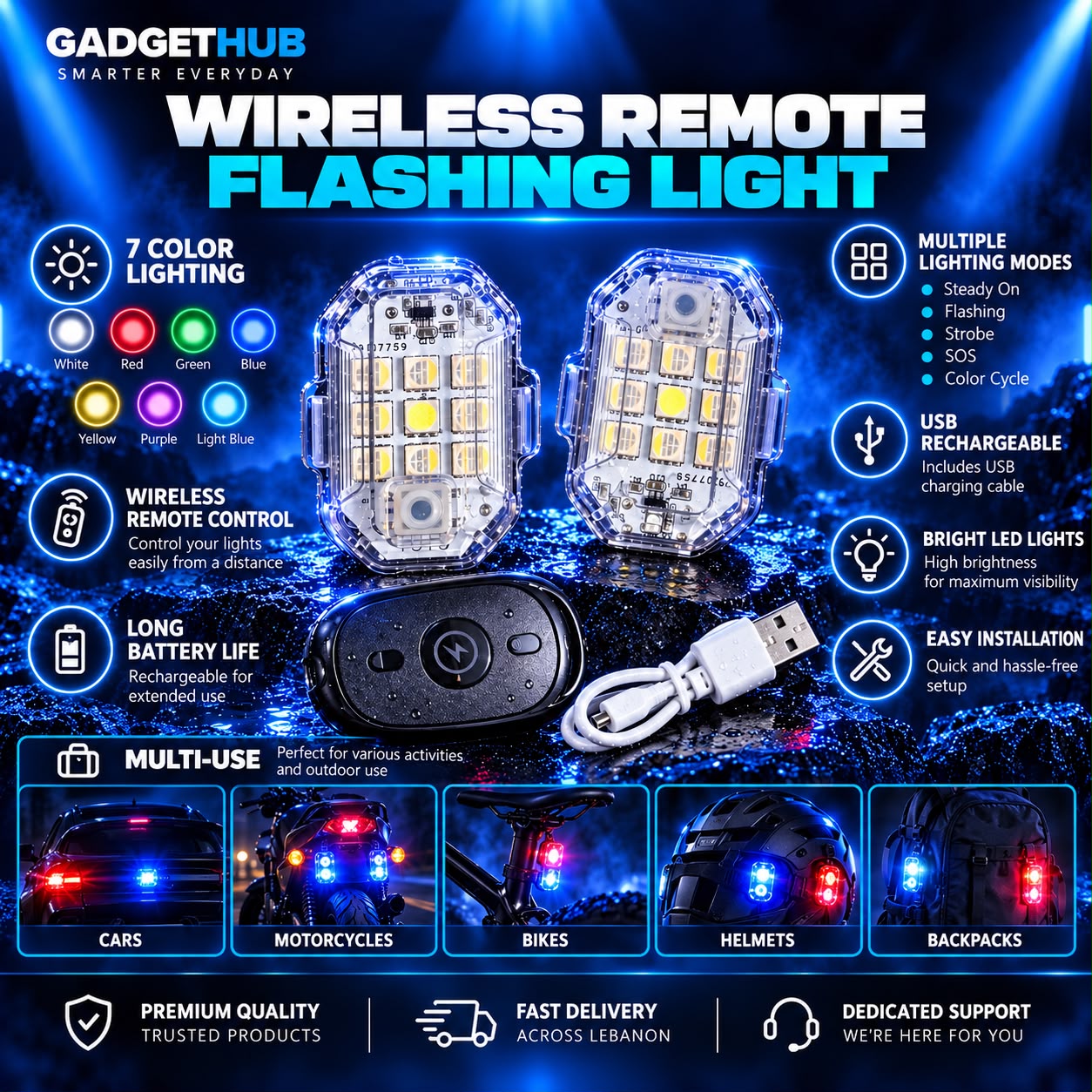 2-Pack Wireless Remote LED Strobe Lights – 7 Colors, USB Rechargeable Warning & Safety Lights