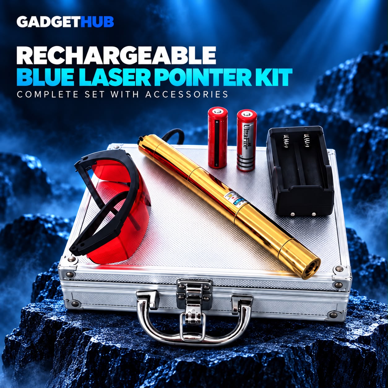 Rechargeable Blue Laser Pointer Kit – Gold Metal Body, 2 Batteries, Charger, Safety Glasses & Aluminum Case