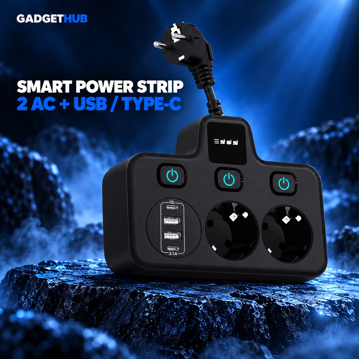 6-in-1 Desktop Power Strip – 2 EU Sockets + 2 USB-A + 2 USB-C Ports with Individual 