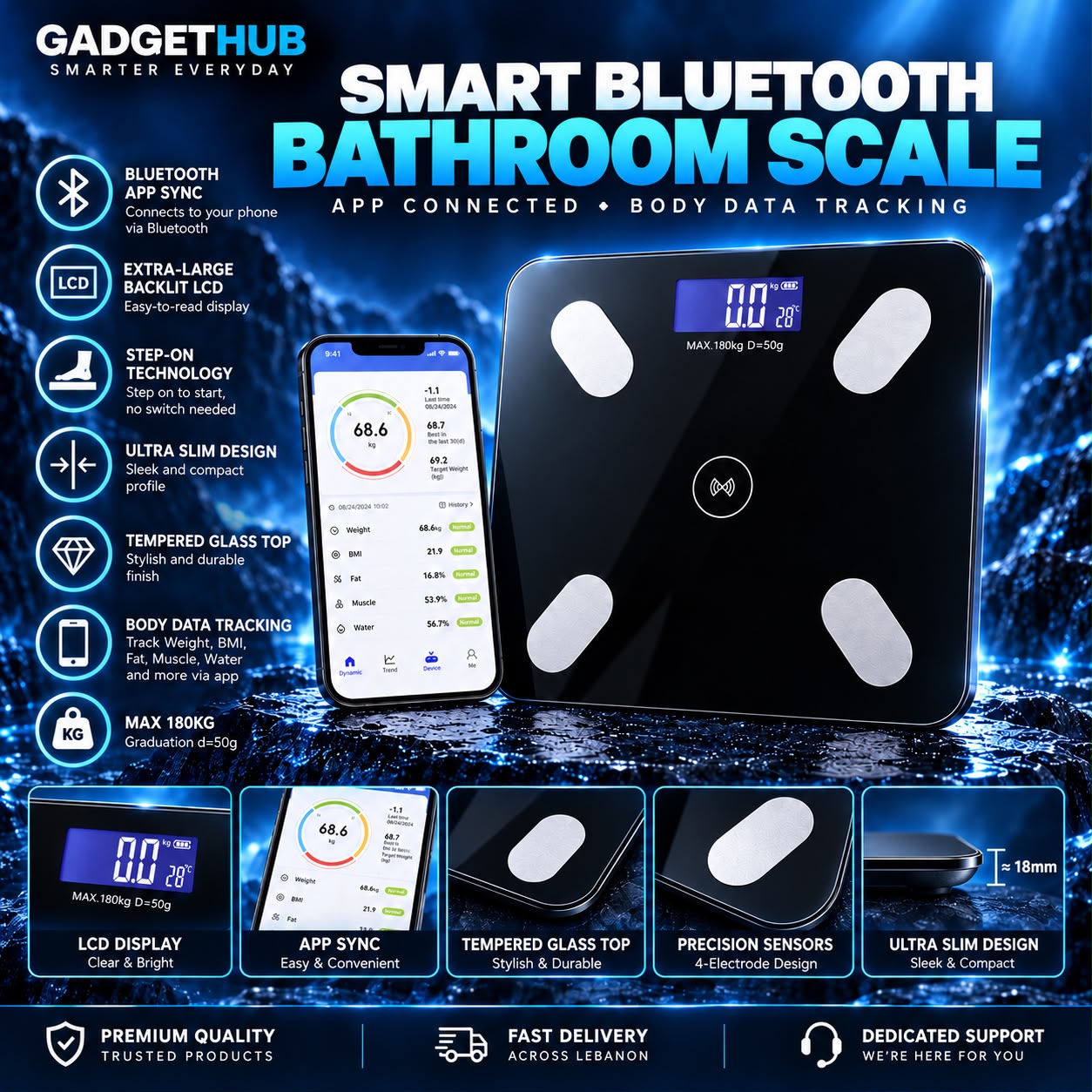 Smart Bluetooth Body Composition Scale – 180KG Digital Weight & Body Fat Monitor with Mobile App