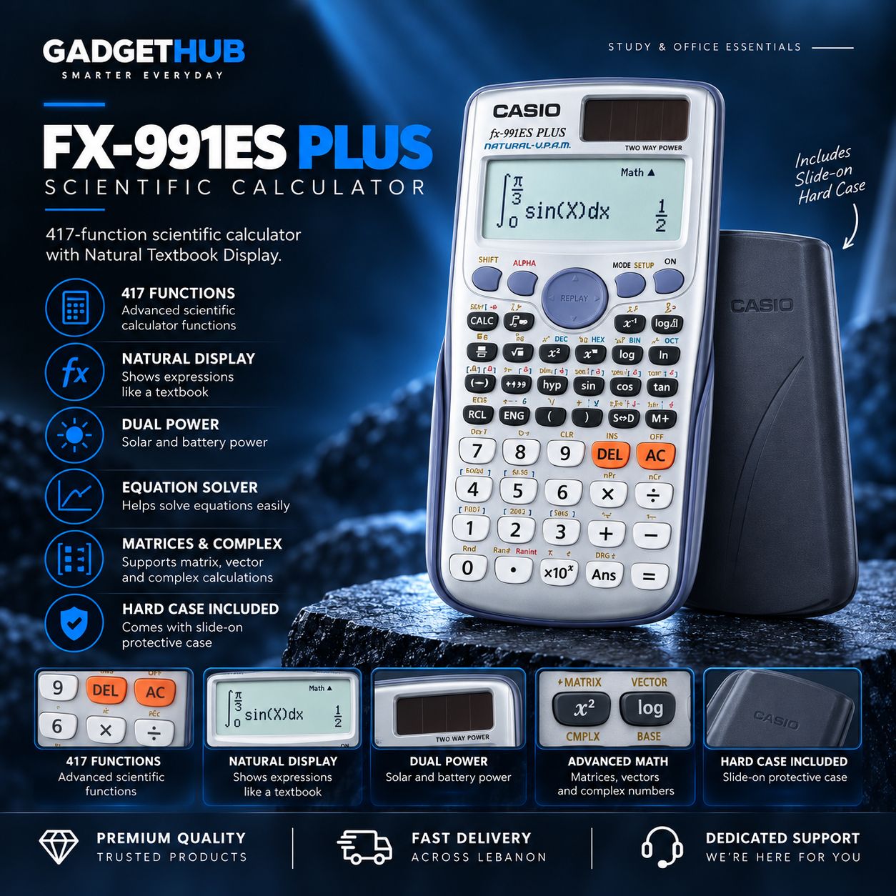 آلة حاسبة علمية Casio fx-991ES PLUS – ‏417 وظيفة وشاشة كتاب طبيعية وطاقة مزدوجة