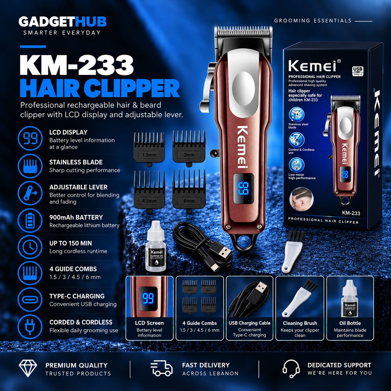 ماكينة قص الشعر واللحية Kemei KM-233 احترافية قابلة للشحن – شاشة LCD وذراع قابل للتعديل