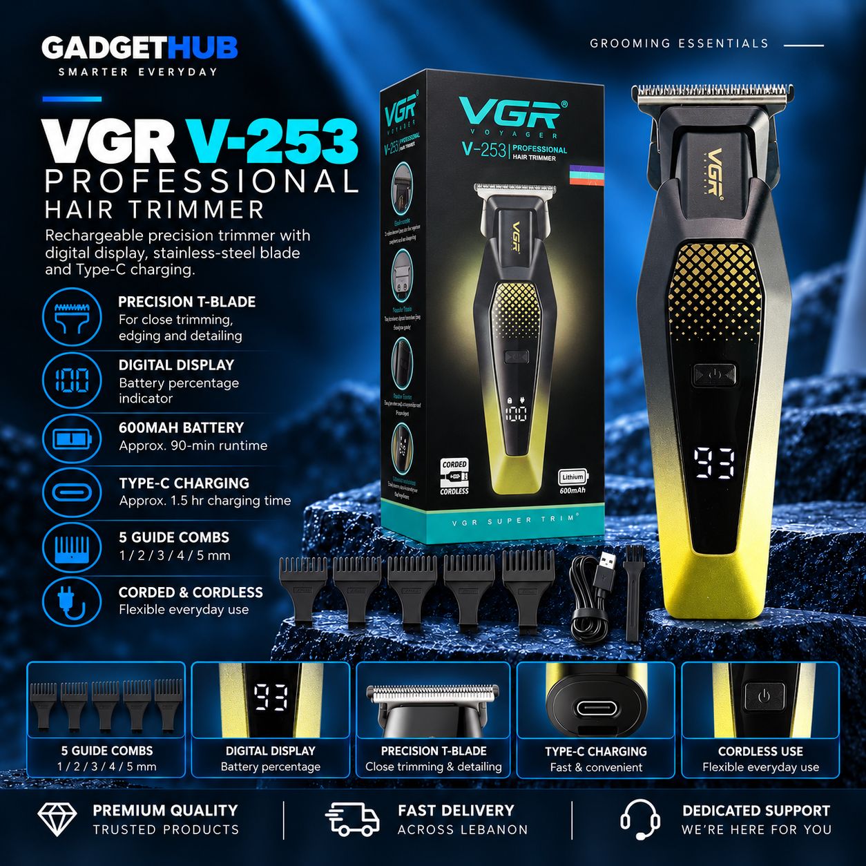 ماكينة تشذيب الشعر VGR V-253 احترافية قابلة للشحن – شاشة LCD وشحن Type-C