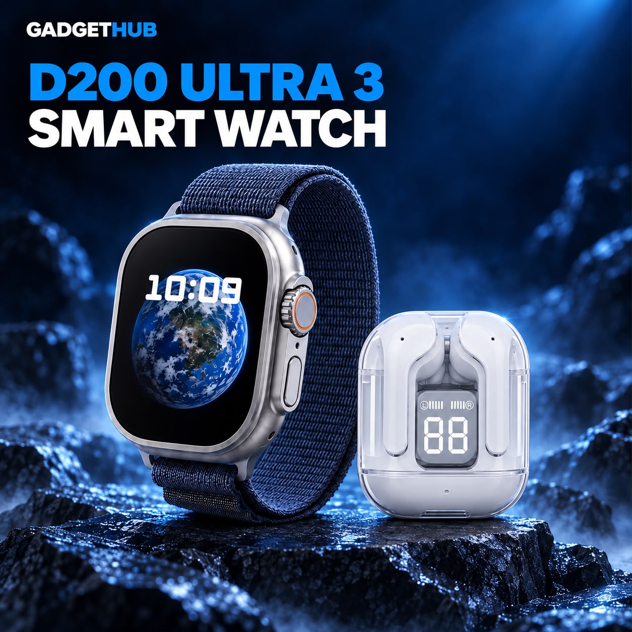 OKPU D200 Ultra 3 8-in-1 Smart Watch Set – Wireless Earbuds, 8 Straps, Protective Case & Wireless Charger