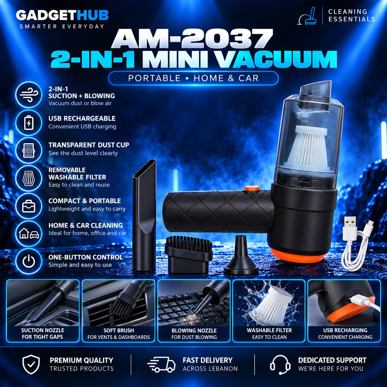 AM-2037 2-in-1 Portable Mini Vacuum Cleaner & Air Blower – USB Rechargeable for Car & Home