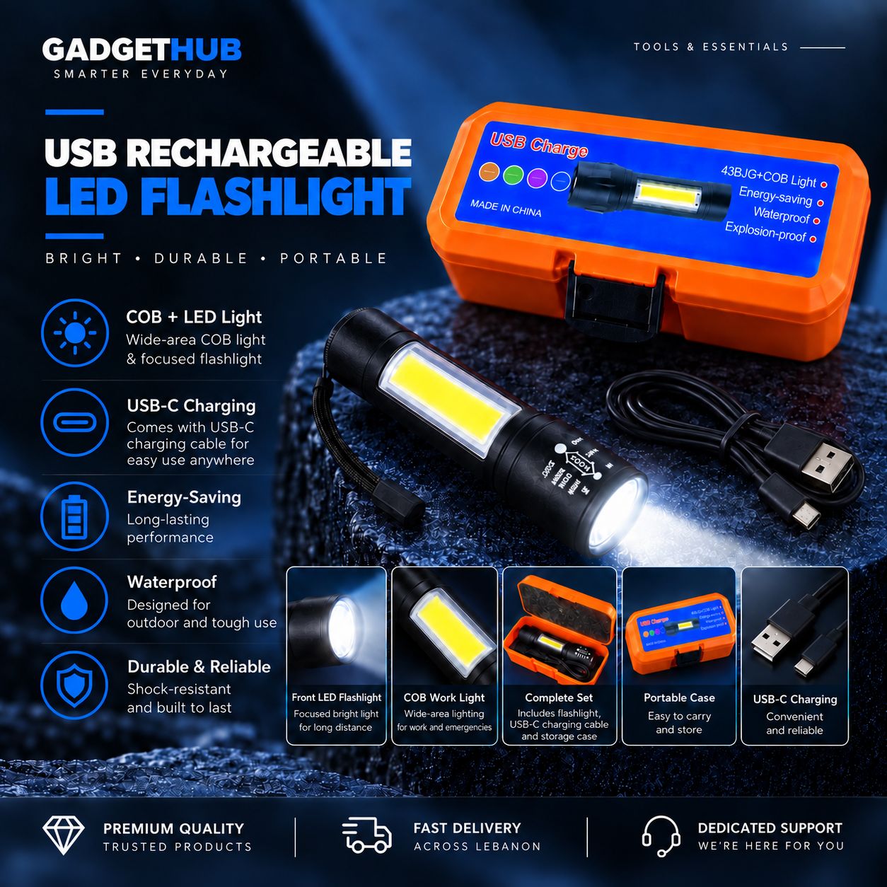 USB Rechargeable LED Flashlight with COB Work Light – Dual Light Portable Torch