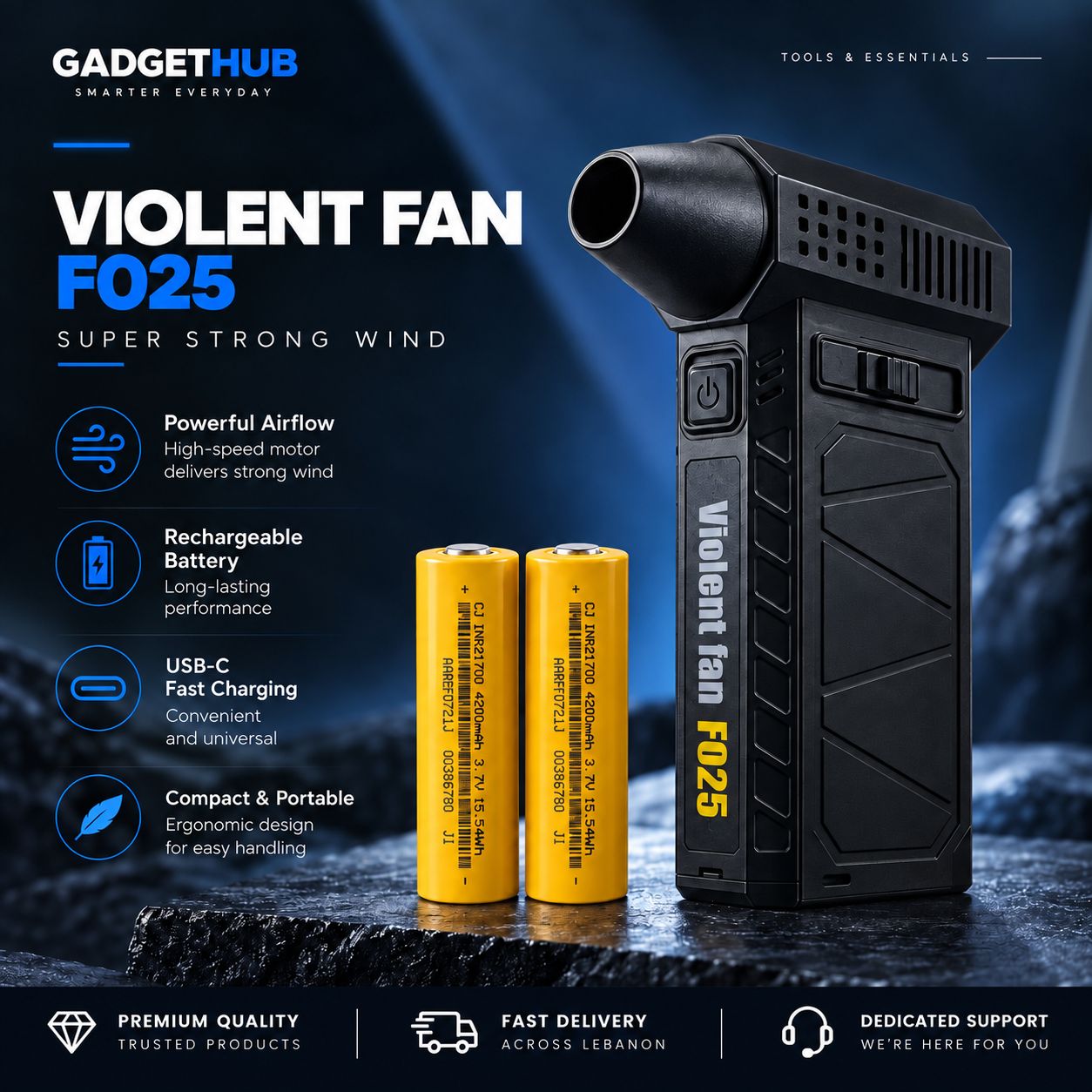 مروحة Violent Fan F025 توربو نفاثة قابلة للشحن – منفاخ هواء لاسلكي عالي السرعة