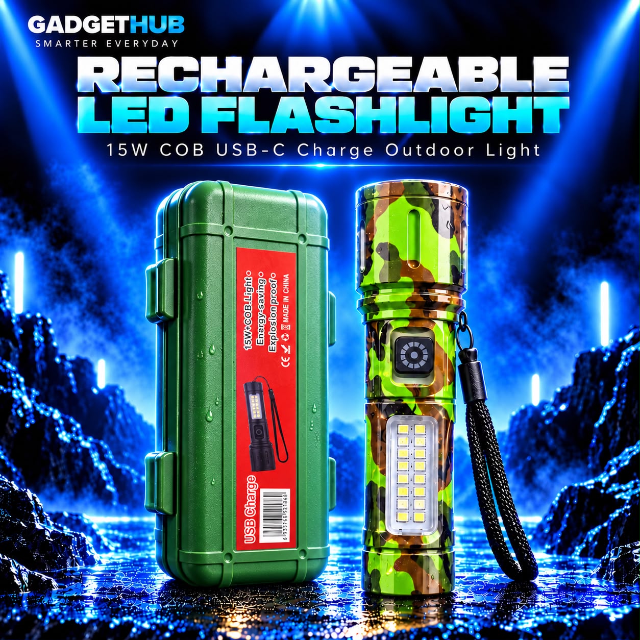 USB Rechargeable Camouflage Flashlight with Side COB Panel – Green Case