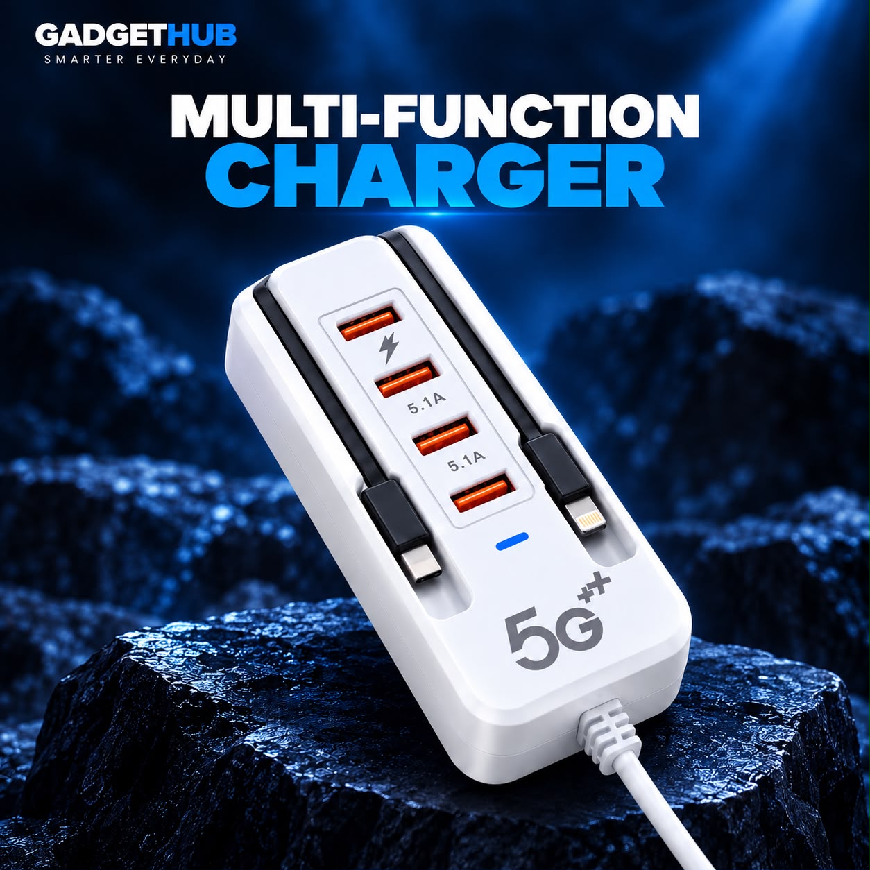 شاحن سريع متعدد الوظائف 66 واط 6 في 1 – 4 منافذ USB وكابلات Type-C وLightning مدمجة