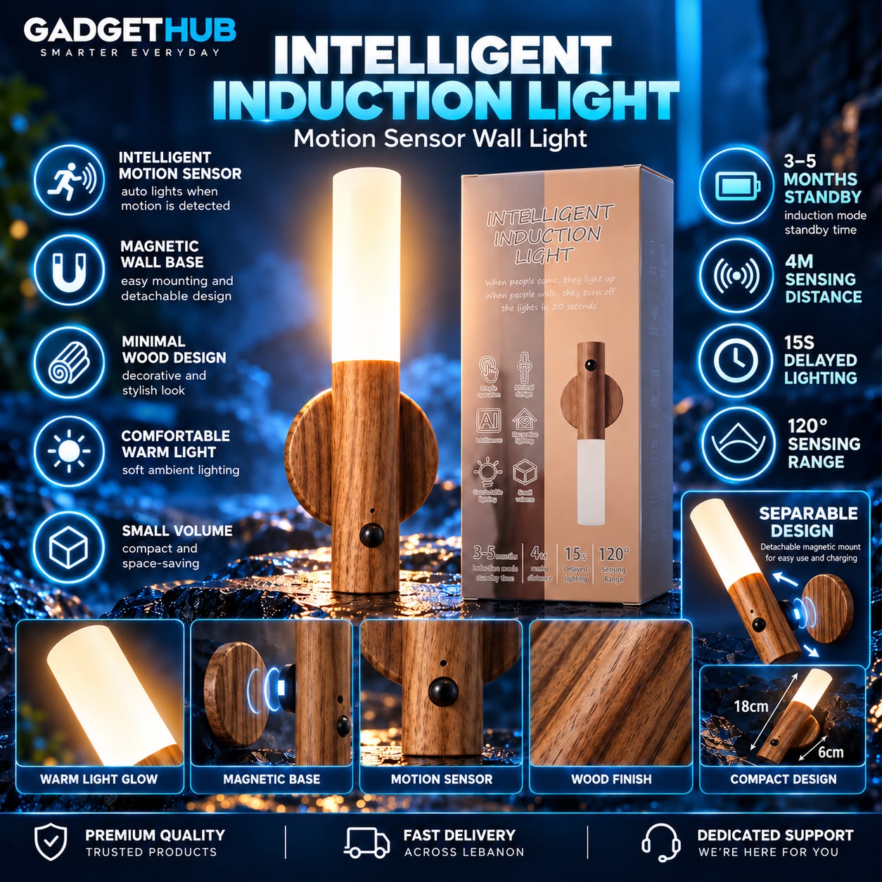 Rechargeable Intelligent Induction Wall Light – Motion Sensor, Magnetic Base & Warm LED