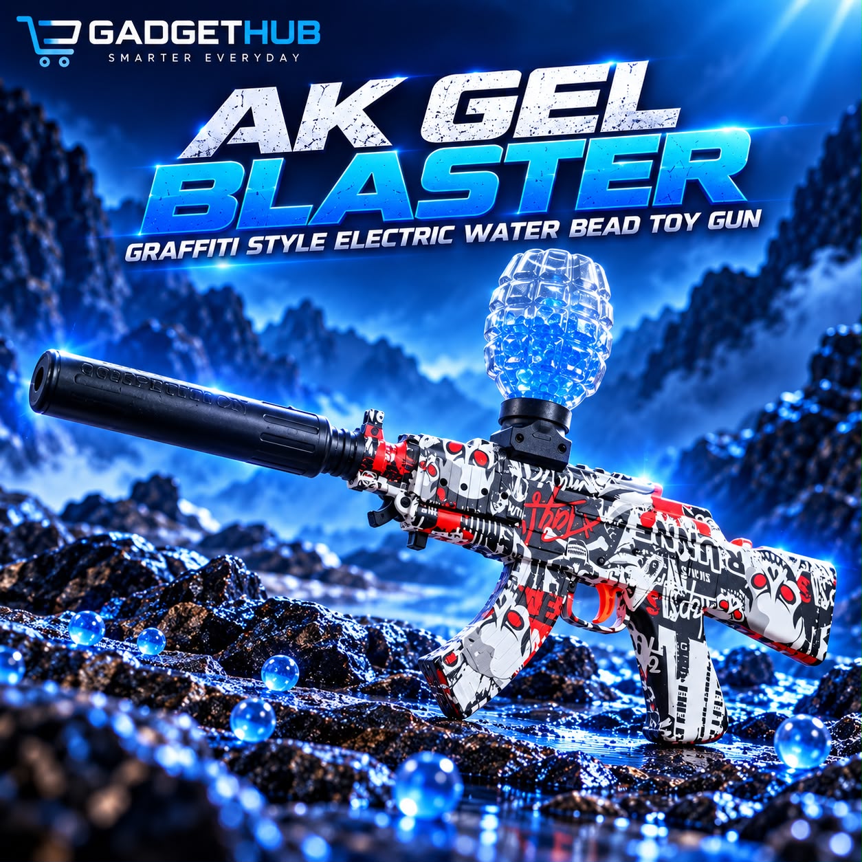 918-2 AK Gel Blaster Graffiti Electric Water Bead Toy Gun – Hopper Feed & Suppressor