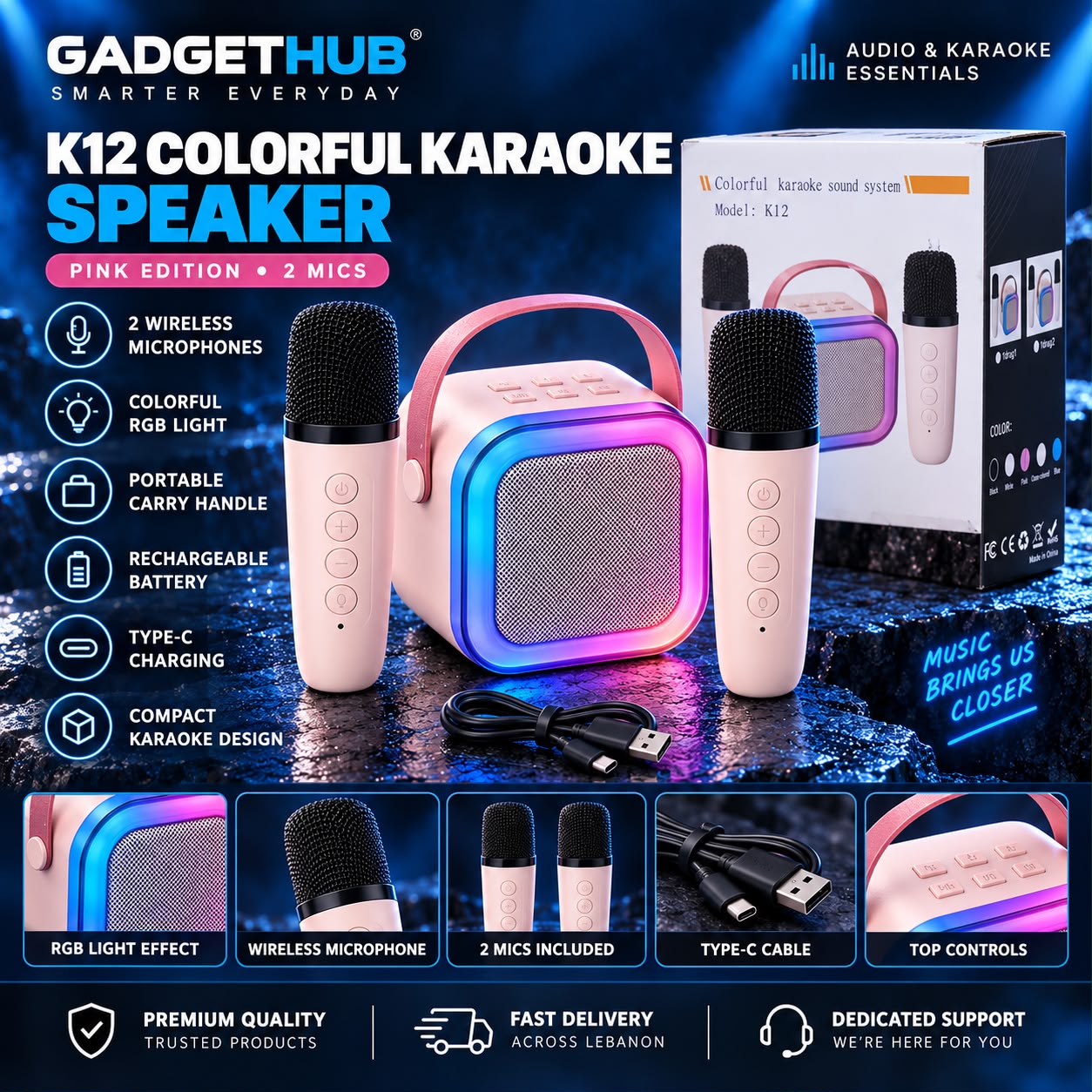 K12 Portable Bluetooth Karaoke Speaker with 2 Wireless Microphones & RGB Lights – Pink