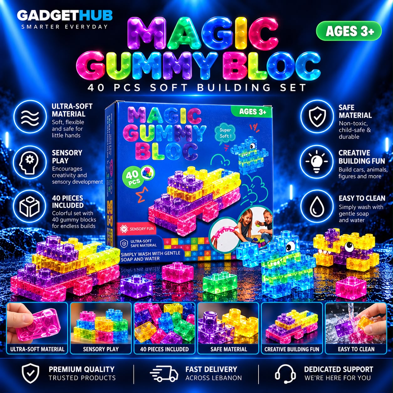 Magic Gummy Bloc 40-Piece Soft Building Set – Ages 3+