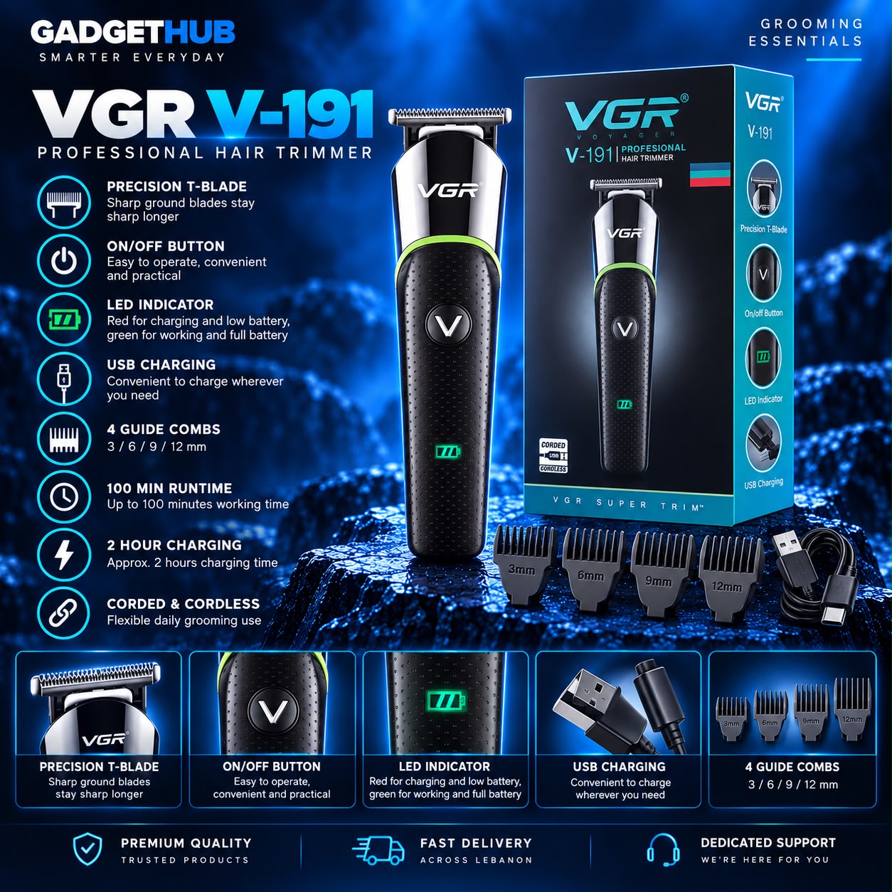VGR V-191 Professional Rechargeable Hair & Beard Trimmer – 4 Guide Combs & Type-C Charging