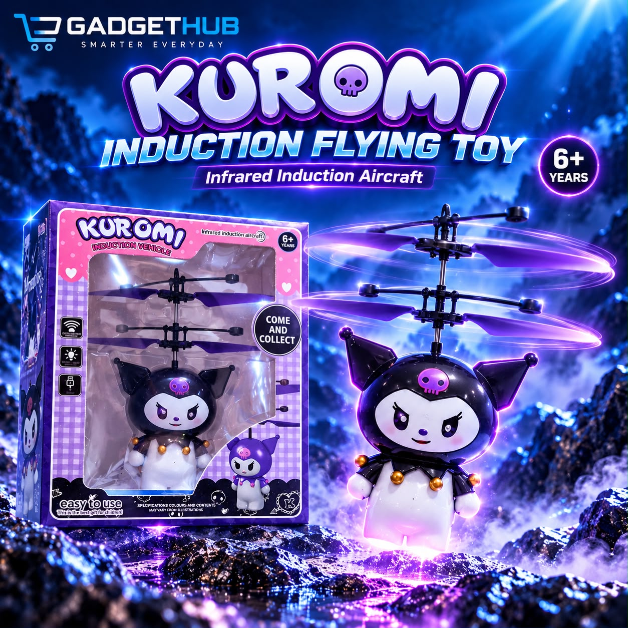Kuromi Infrared Induction Flying Toy – USB Rechargeable Hand-Sensor Aircraft with LED Lights
