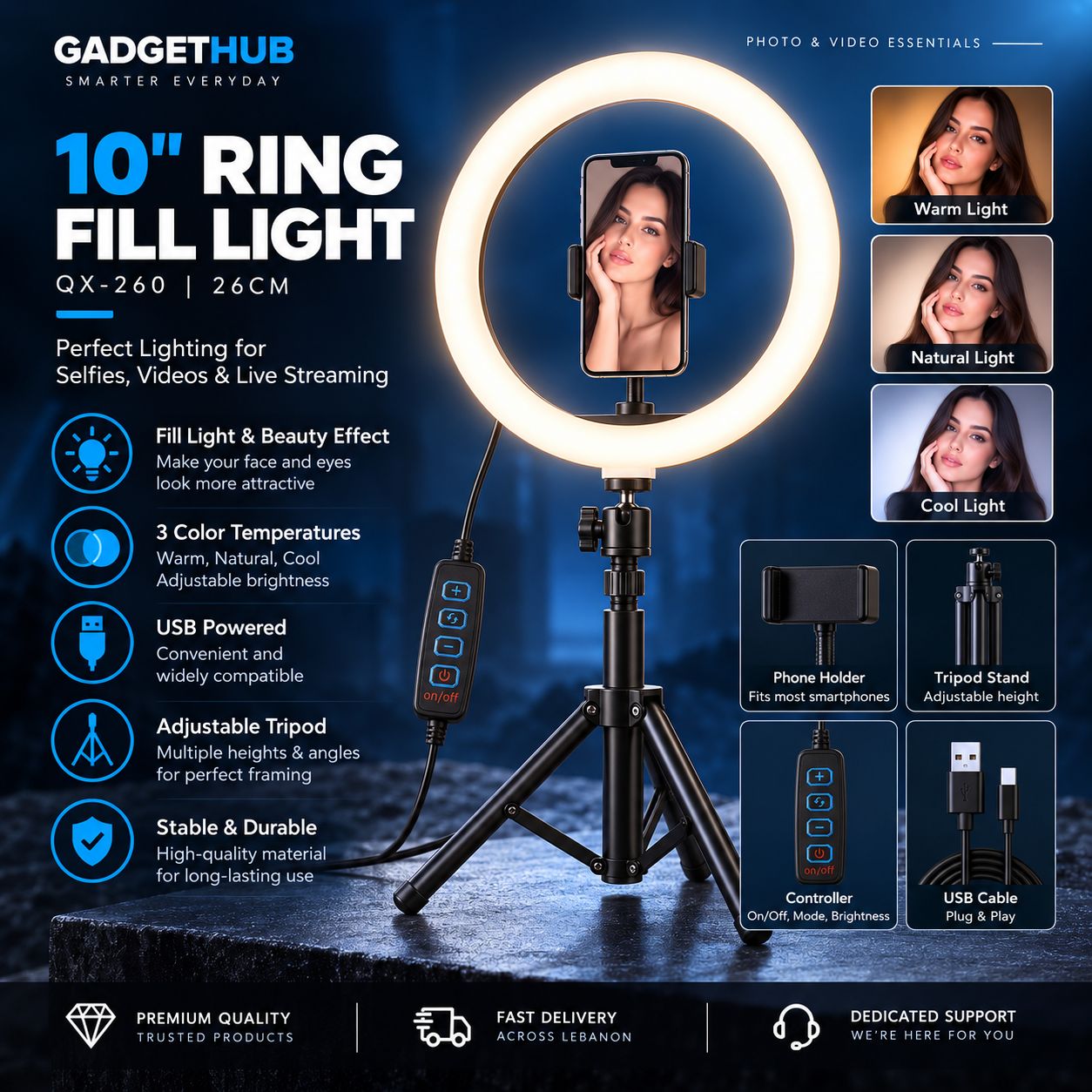 10″ LED Ring Fill Light with Long 210cm Tripod & Phone Holder