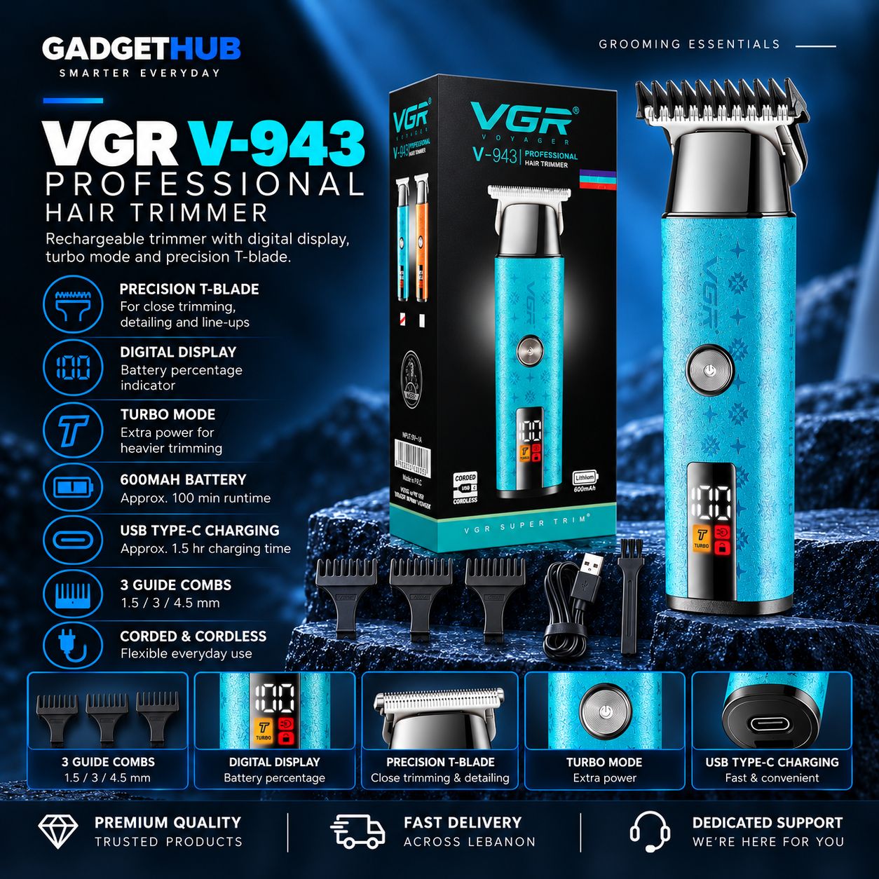 ماكينة تشذيب الشعر VGR V-943 احترافية قابلة للشحن – شاشة رقمية ووضع توربو