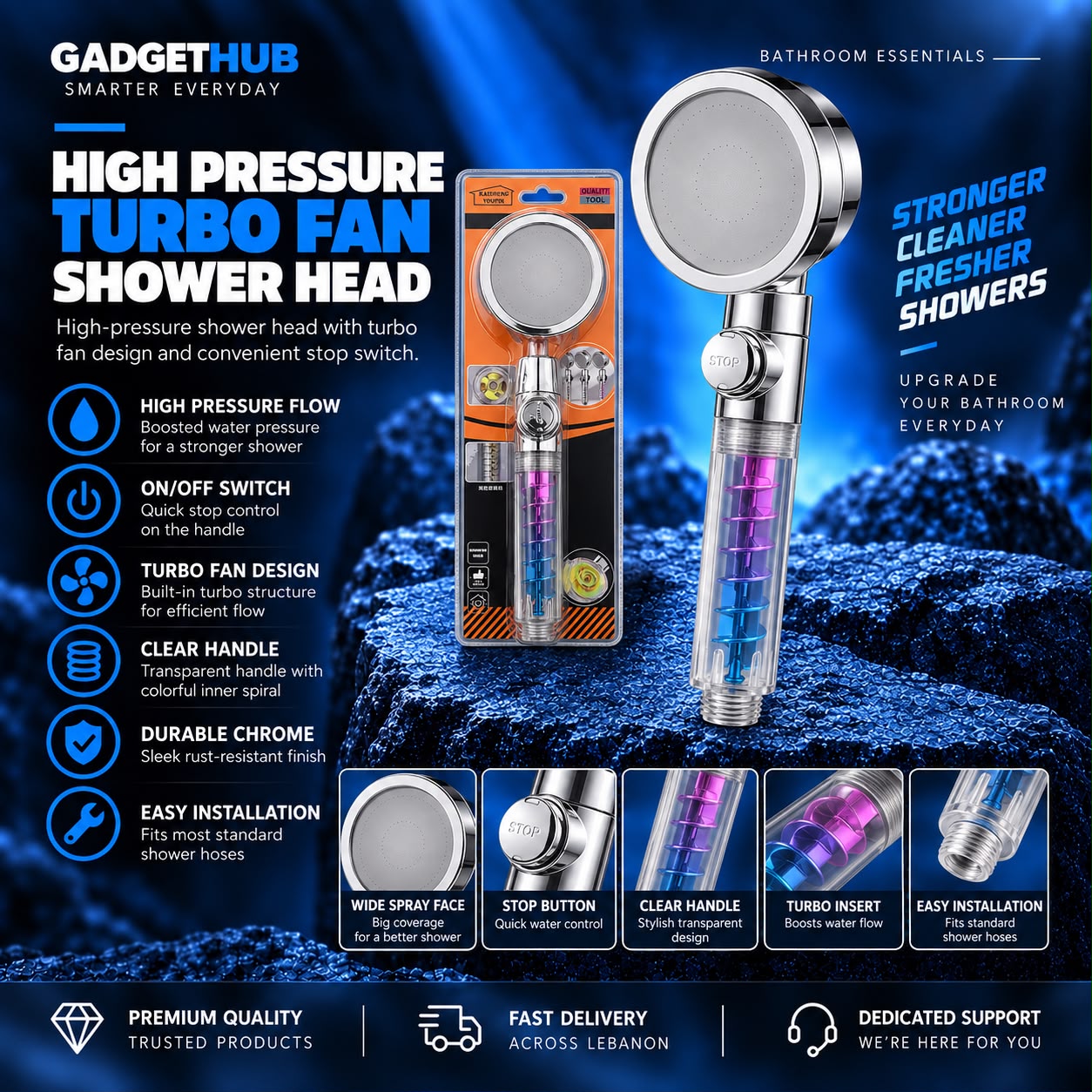 360° Turbo Propeller High-Pressure Shower Head – Transparent Spiral Handle & Water Control