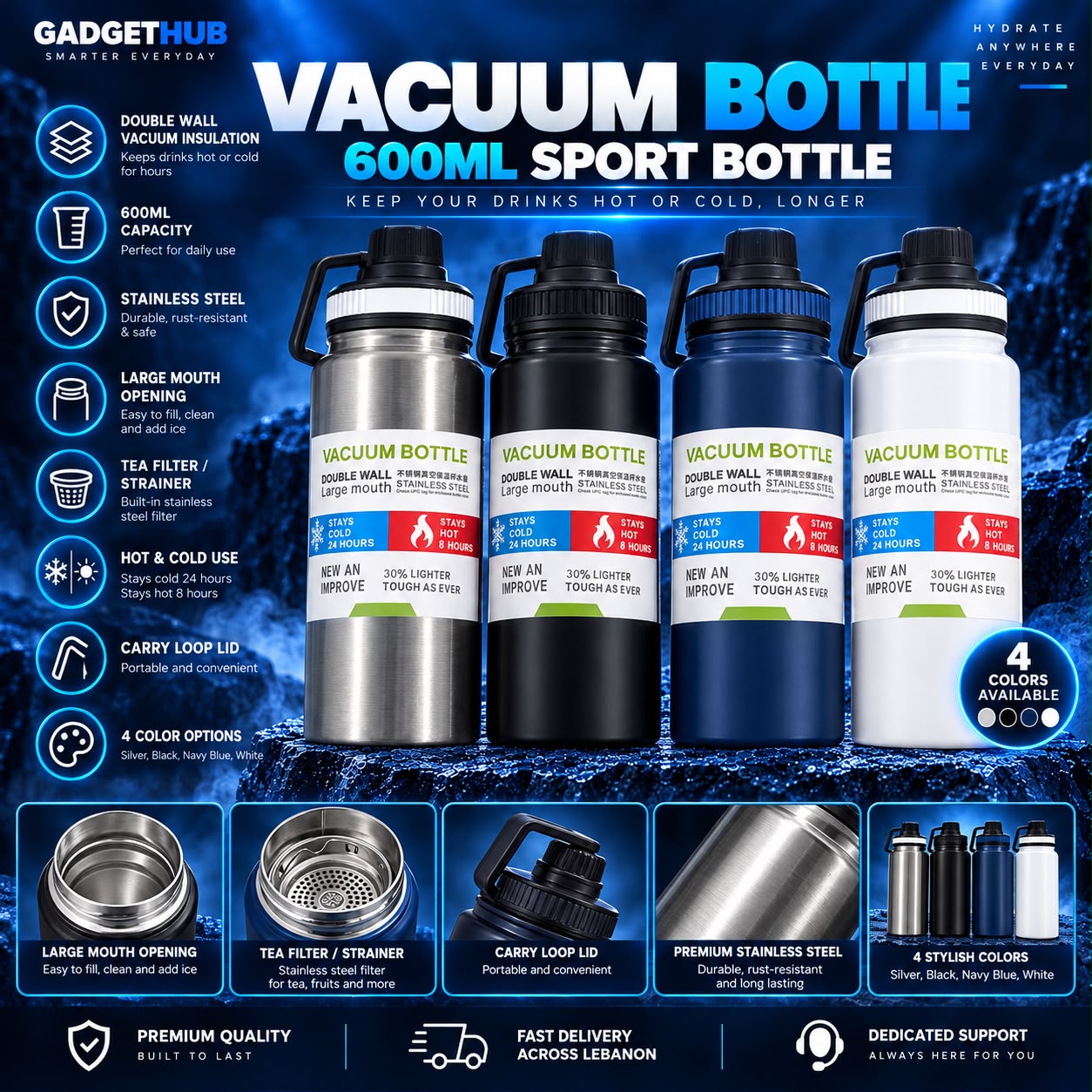 600ML Stainless Steel Vacuum Sport Bottle – Double-Wall Insulated with Tea Filter & Carry Handle