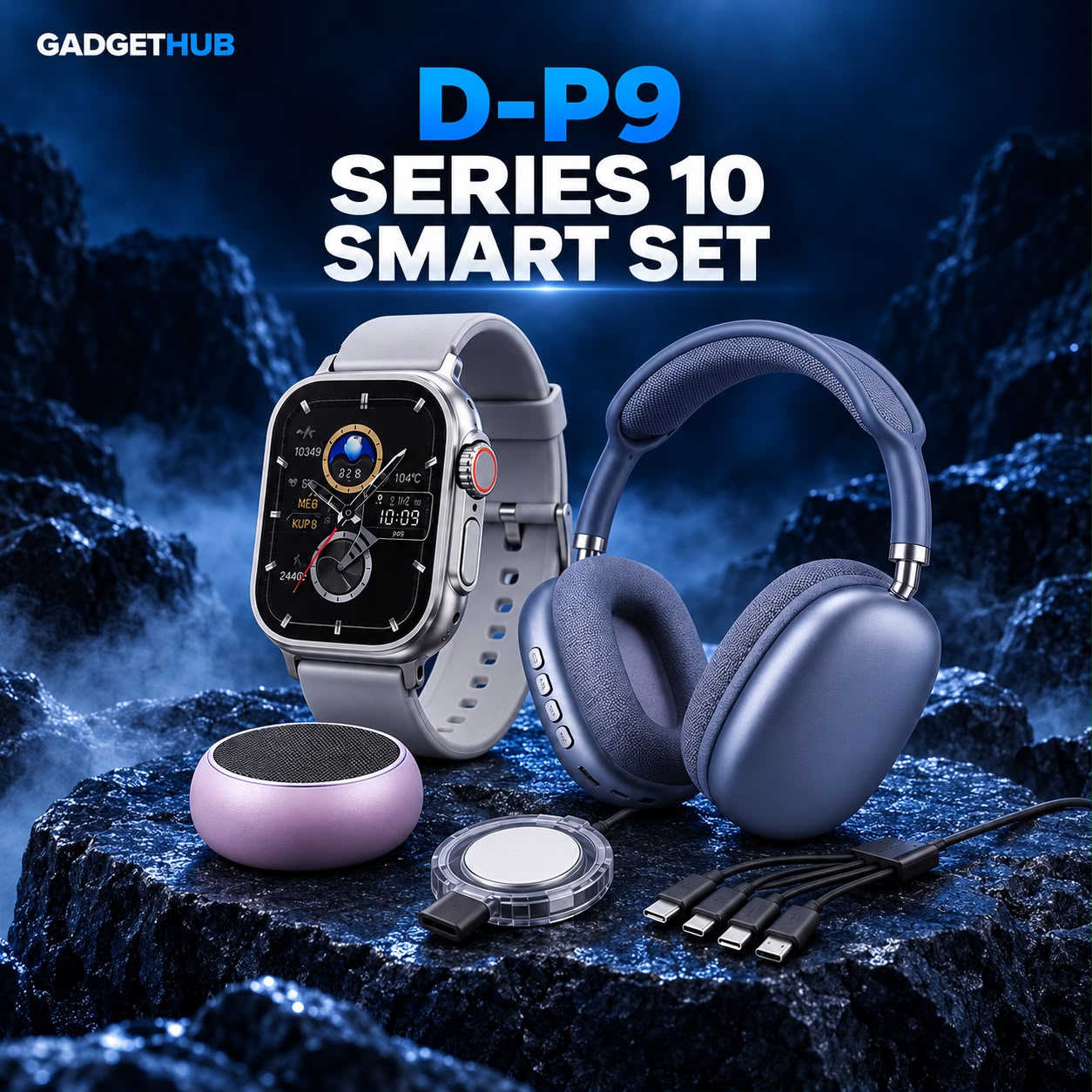 OKPU D-P9 Series 10 Smart Watch Combo Set – 7 Straps, Bluetooth Headphones, Mini Speaker & Wireless Charger