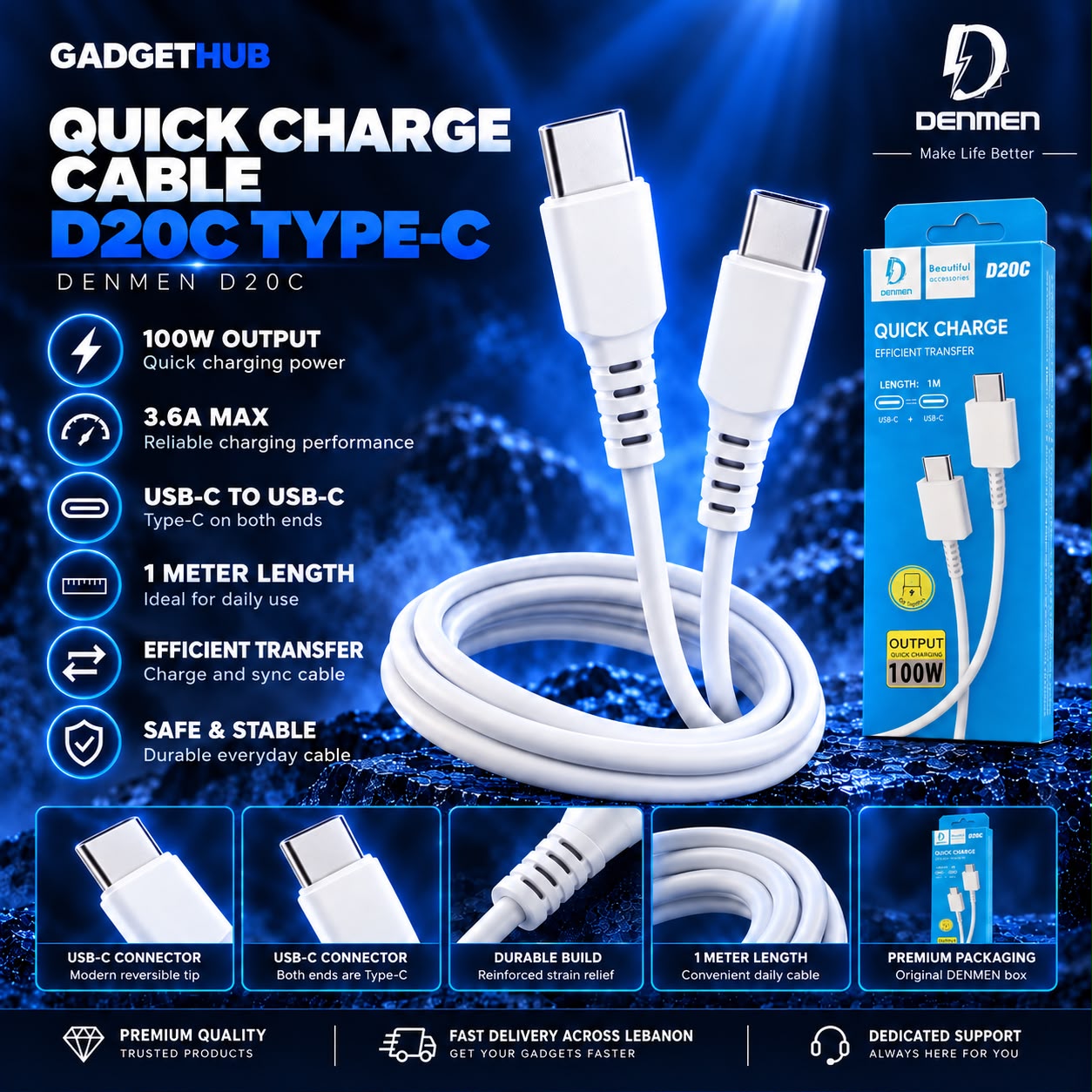 DENMEN D20C 100W USB-C to USB-C Fast Charging & Data Cable – 1M