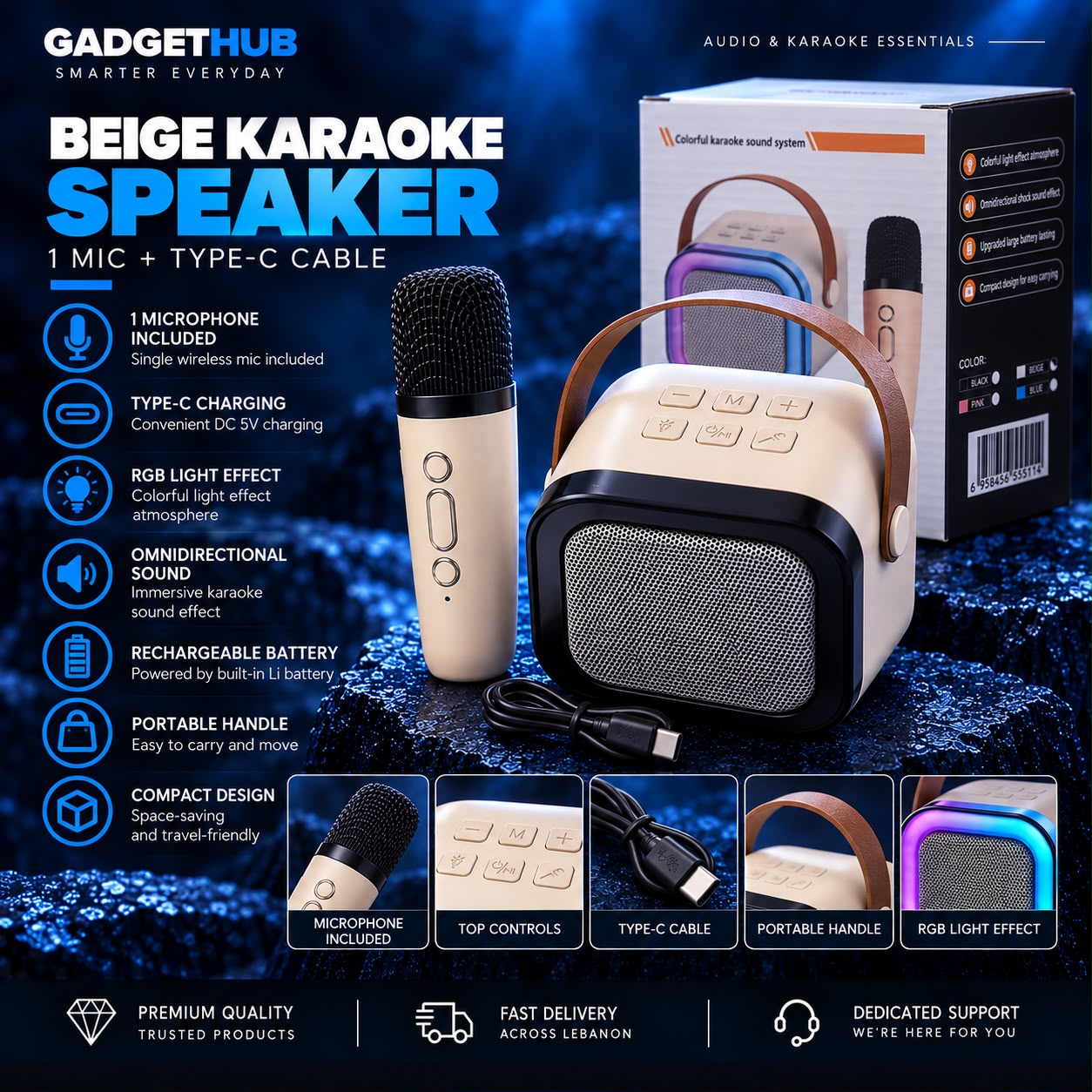 K12 Mini Bluetooth Karaoke Speaker with Wireless Microphone & RGB Lights – Beige