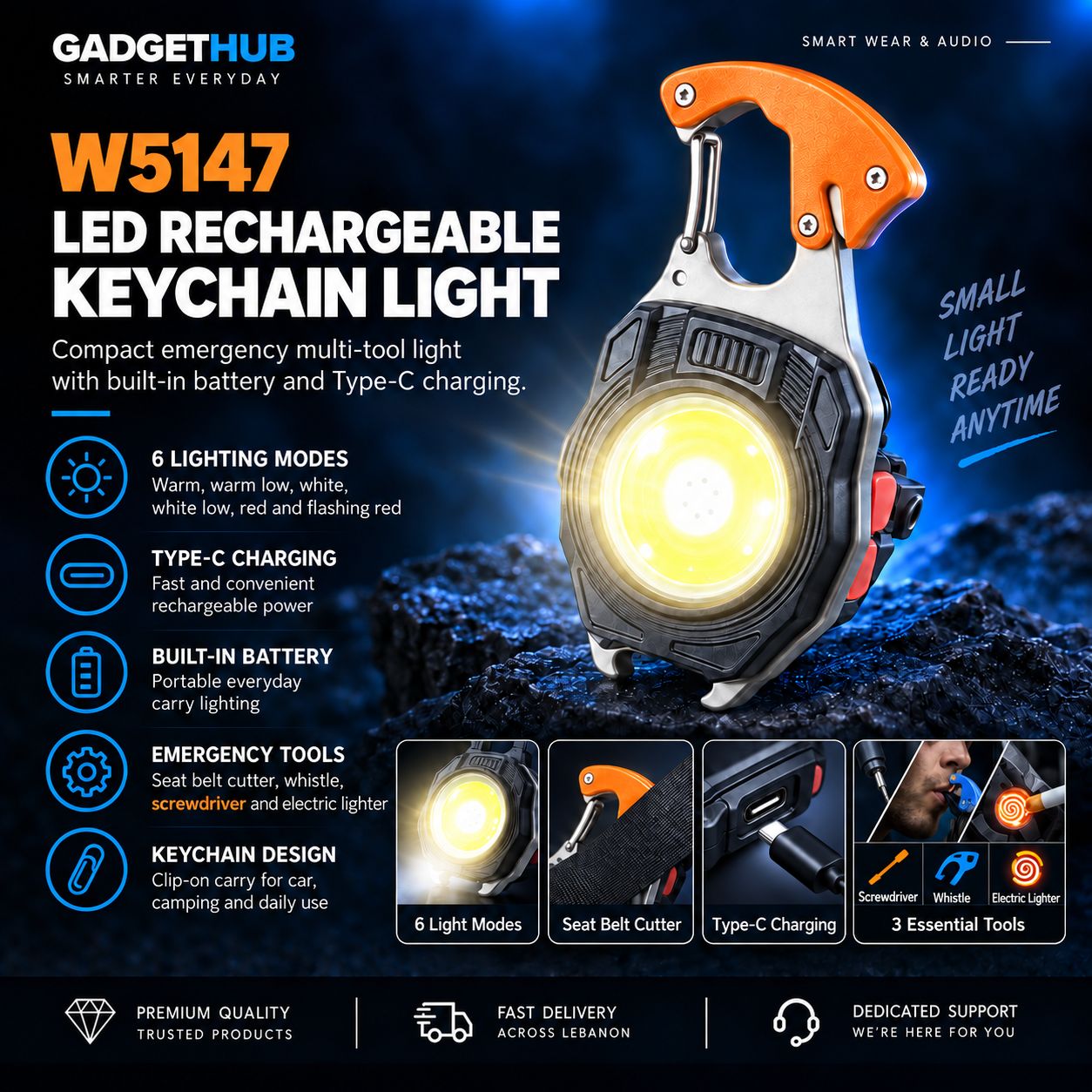 W5147 Multifunction Rechargeable COB LED Keychain Light – 500LM, Type-C & Emergency Tools